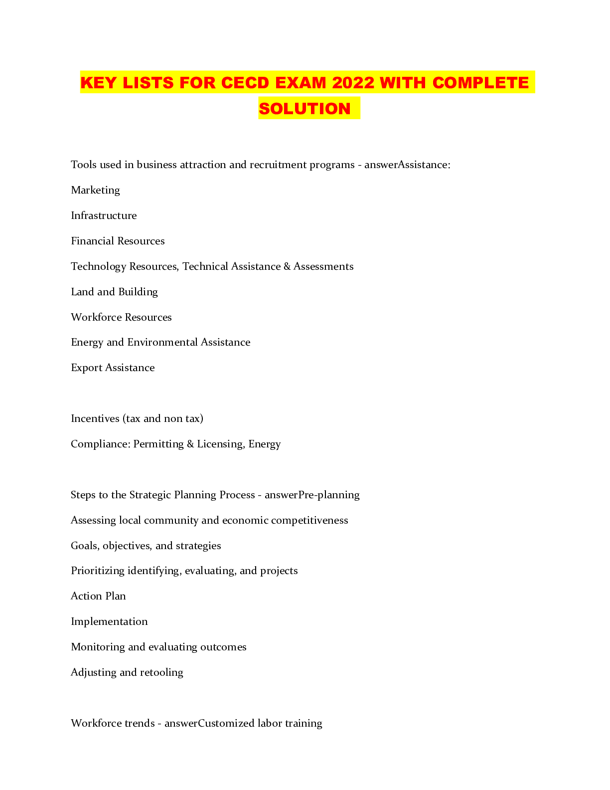 Preview image of KEY LISTS FOR CECD EXAM 2022 WITH COMPLETE SOLUTION document